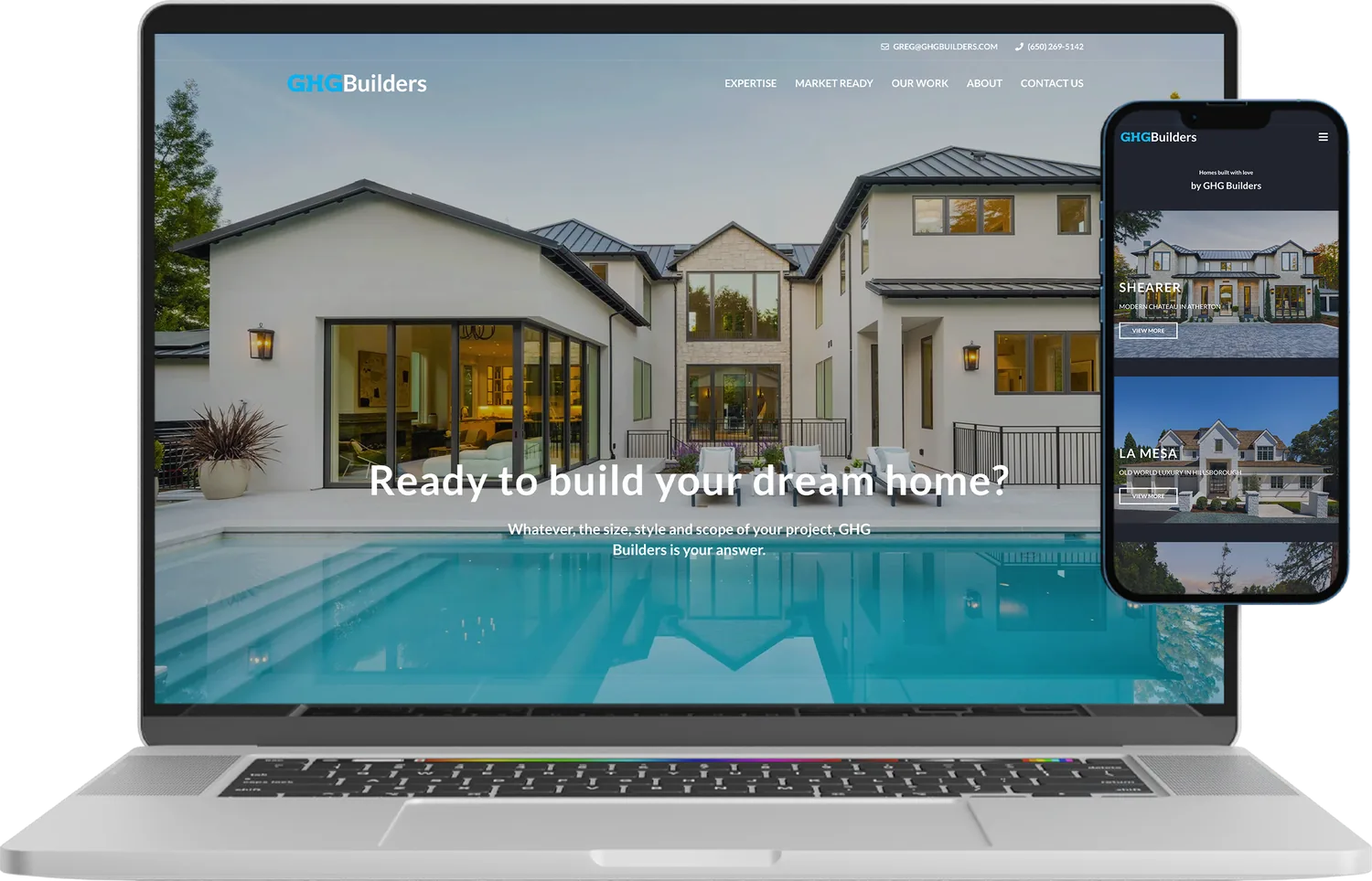 GHG Builders website shown on laptop and phone