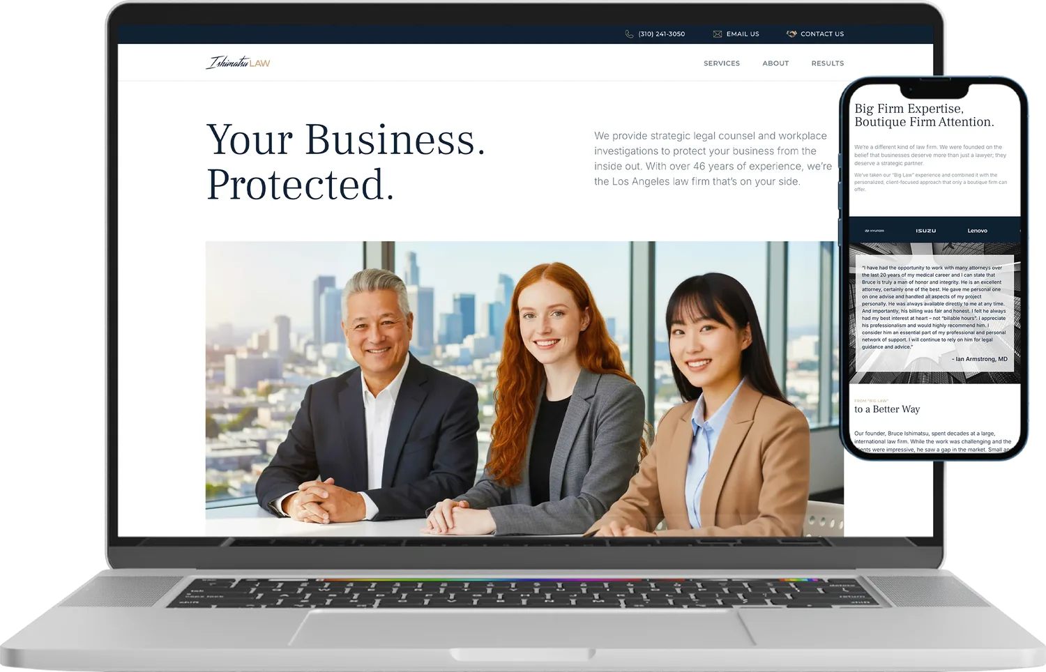 Ishimatsu Law website shown on laptop and phone