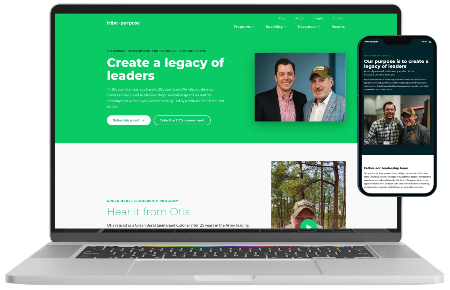 Tribe & Purpose website shown on laptop and phone