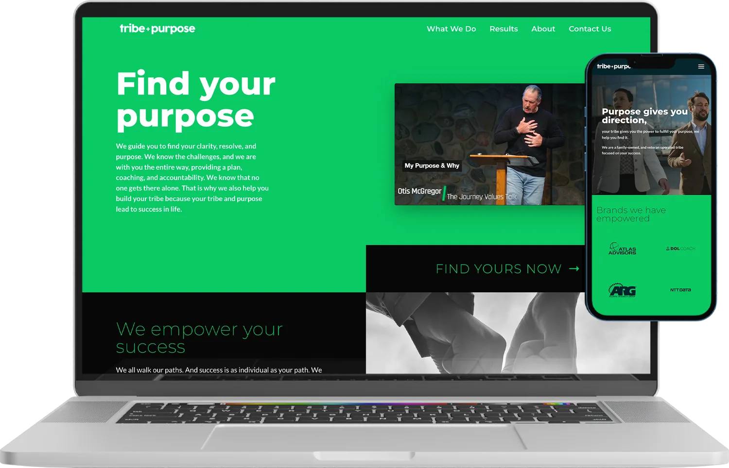 Tribe & Purpose website shown on laptop and phone